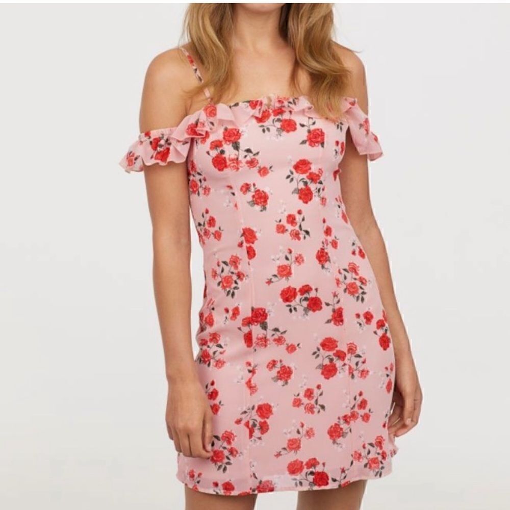 H&M Divided Pink Floral Cold Shoulder Off the Shoulder Mini Dress | SZ 4